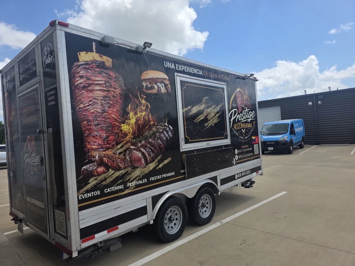 Food trailer wrapped with full-color shawarma graphics